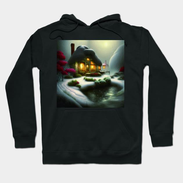 Sparkling Fantasy Cottage with Lights and Glitter Background in Snowy Scene, Scenery Nature Hoodie by Promen Art